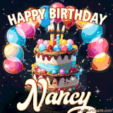 Bright birthday animation for Nancy with a chocolate cake, candles, balloons, and glowing celebratory lights.