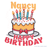 Cartoon birthday cake with a red bow, glowing candles, and 'Nancy Happy Birthday' text in bold animated style.