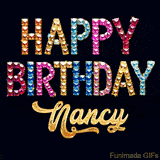 Vibrant luxury birthday greeting card for Nancy, showing glittering gemstone letters and golden calligraphy on a dark background with twinkling shine effects.
