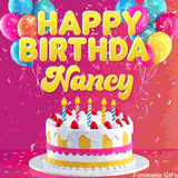 Pink-themed animated greeting with balloons, confetti, and a frosted cake under the message 'Happy Birthday Nancy' in bold rounded yellow font.
