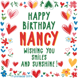 A colorful animated card for Nancy’s birthday featuring playful hearts, cheerful flowers, and a handwritten message wishing smiles and sunshine.