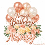 Rose gold balloons and beautiful flowers wishing Happy Birthday to Nancy