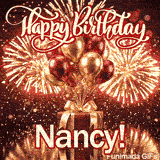 Shimmering animated card featuring spectacular golden fireworks and the name Nancy for her birthday celebration.