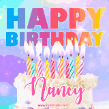 A vibrant animated name GIF with the words 'Happy Birthday Nancy' with colorful candles on a creamy cake. The background sparkles with pastel shades, adding a festive touch.
