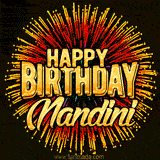 Golden 'Happy Birthday Nandini' text accompanied by animated rainbow fireworks for a festive animated greeting.
