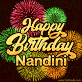 Golden text reading 'Happy Birthday Nandini' surrounded by vibrant fireworks in red, green, and yellow, set against a dark background in this celebratory birthday GIF.