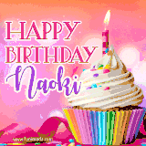 A vibrant birthday GIF featuring a rainbow-colored cupcake topped with white frosting, sprinkles, and a lit candle. The text reads 'Happy Birthday Naoki' in bold pink and violet letters with white outline.