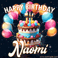 Hand-drawn happy birthday cake adorned with an arch of colorful balloons - name GIF for Naomi