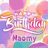 A vibrant name GIF featuring colorful balloons in shades of pink, orange, and yellow with the bold text 'Happy Birthday Naomy' in festive fonts, creating a lively birthday vibe.