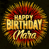 Golden 'Happy Birthday Nara' text accompanied by animated rainbow fireworks for a festive animated greeting.