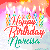 Bright birthday candles with rainbow flames on a cake, alongside the text 'Happy Birthday Narcisa' in vibrant script in this celebratory animated GIF.