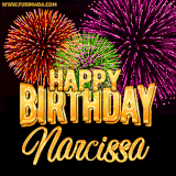 A golden 'Happy Birthday Narcissa' message with vibrant fireworks in the background, creating a festive and celebratory vibe in this animated name GIF.