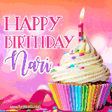 A vibrant birthday GIF featuring a rainbow-colored cupcake topped with white frosting, sprinkles, and a lit candle. The text reads 'Happy Birthday Nari' in bold pink and violet letters with white outline.