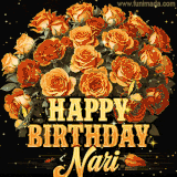 Animated bouquet of orange roses with moving butterfles and golden 'Happy Birthday Nari' text, surrounded by sparkling accents and a dark backdrop for a luxurious feel.