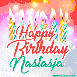 Bright birthday candles with rainbow flames on a cake, alongside the text 'Happy Birthday Nastasja' in vibrant script in this celebratory animated GIF.