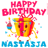 A vibrant and funny gift box character with a happy face dancing with a cupcake and the text 'Happy Birthday Nastasja,' surrounded by animated confetti and party vibes.