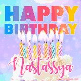 A vibrant animated name GIF with the words 'Happy Birthday Nastassya' with colorful candles on a creamy cake. The background sparkles with pastel shades, adding a festive touch.
