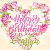 A stunning heart made of pink roses surrounds the elegant script text 'Happy Birthday Nastya' on a soft beige background. Animated sparkles add a magical and festive feel.