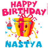A vibrant and funny gift box character with a happy face dancing with a cupcake and the text 'Happy Birthday Nastya,' surrounded by animated confetti and party vibes.