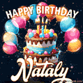 Hand-drawn happy birthday cake adorned with an arch of colorful balloons - name GIF for Nataly