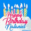 Happy Birthday GIF for Nataniel with Birthday Cake and Lit Candles