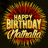 Golden 'Happy Birthday Nathalia' text accompanied by animated rainbow fireworks for a festive animated greeting.