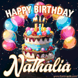 Bright birthday animation for Nathalia with a chocolate cake, candles, balloons, and glowing celebratory lights.