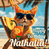 An animated orange cat wearing sunglasses, sitting on a beach chair with a tropical drink, with a festive 'Happy Birthday Nathalia!' message.