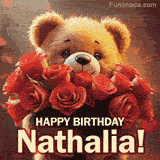 Cinematic style cute animated teddy bear with charming features holding a large bouquet of red roses, the words say 'Happy Birthday Nathalia' in sans serif font.