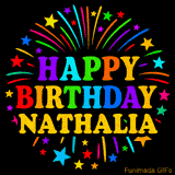Personalized greeting card with name, colorful text that says 'Happy Birthday Nathalia' surrounded by animated fireworks and multicolor stars