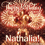 An animated birthday card with a luxury red present and shiny metallic balloons, custom-made for Nathalia.