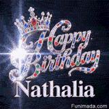 Glittering particles and stellar space light beams around a sparkling queen crown, customized with Nathalia's name.