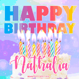 A vibrant animated name GIF with the words 'Happy Birthday Nathalia' with colorful candles on a creamy cake. The background sparkles with pastel shades, adding a festive touch.