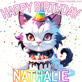 Adorable party-themed animated cat next to a lit birthday cake with text that says 'Happy Birthday Nathalie,' surrounded by colorful decorations and sparkles.