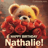 Cinematic style cute animated teddy bear with charming features holding a large bouquet of red roses, the words say 'Happy Birthday Nathalie' in sans serif font.