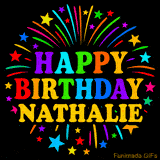 Personalized greeting card with name, colorful text that says 'Happy Birthday Nathalie' surrounded by animated fireworks and multicolor stars
