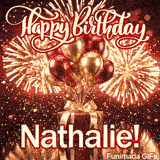 Detailed view of gold and burgundy metallic balloons tied to a large red gift box with a wide satin golden ribbon and name Nathalie