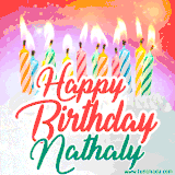 Bright birthday candles with rainbow flames on a cake, alongside the text 'Happy Birthday Nathaly' in vibrant script in this celebratory animated GIF.