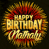Golden 'Happy Birthday Nathaly' text accompanied by animated rainbow fireworks for a festive animated greeting.