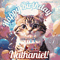 Happy birthday gif for Nathaniel with cat and cake