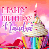 A vibrant birthday GIF featuring a rainbow-colored cupcake topped with white frosting, sprinkles, and a lit candle. The text reads 'Happy Birthday Naudia' in bold pink and violet letters with white outline.