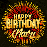 Golden 'Happy Birthday Navy' text accompanied by animated rainbow fireworks for a festive animated greeting.