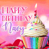 A vibrant birthday GIF featuring a rainbow-colored cupcake topped with white frosting, sprinkles, and a lit candle. The text reads 'Happy Birthday Navy' in bold pink and violet letters with white outline.
