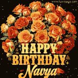 Animated bouquet of orange roses with moving butterfles and golden 'Happy Birthday Navya' text, surrounded by sparkling accents and a dark backdrop for a luxurious feel.