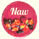 Beautifully decorated red velvet berry birthday cake with vibrant fruits and a glowing 'Naw' name, adding a touch of sweetness and sparkle.