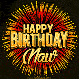 Golden 'Happy Birthday Naw' text accompanied by animated rainbow fireworks for a festive animated greeting.