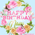 A charming animated GIF featuring 'Happy Birthday Naw' in pink and green text, surrounded by delicate roses, leaves, and fluttering butterflies on a soft light blue pastel background.