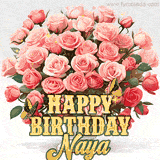 Golden 'Happy Birthday Naya' text beneath a vibrant bouquet of orange roses, complete with glittering butterflies and sparkling details.