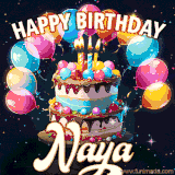 Bright birthday animation for Naya with a chocolate cake, candles, balloons, and glowing celebratory lights.