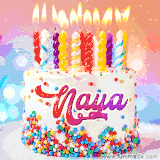 A cheerful white birthday cake with multicolor sprinkles, lit candles, and 'Naya' written in vibrant letters, in an animated GIF.